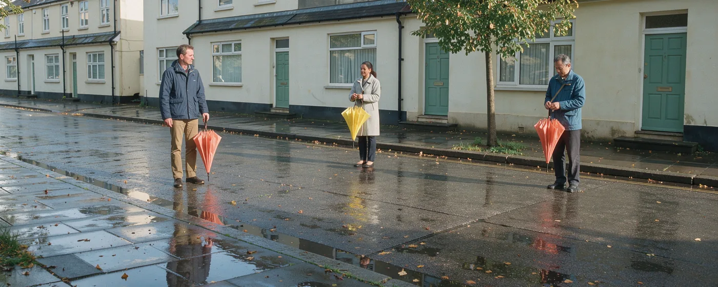 A broad patch of sunlit wet paving with adults closing colourful umbrellas farther along a neighbourhood street