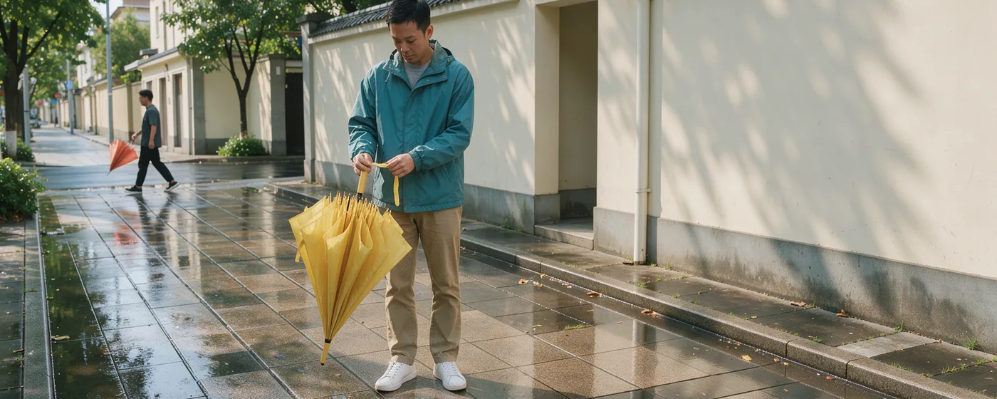 An adult gently folding a yellow umbrella as sunlight returns to a wet pedestrian street