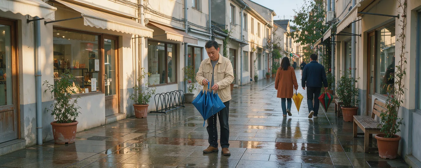 A pedestrian folding a blue umbrella while other adults walk through sunlight on a wet residential shopping lane