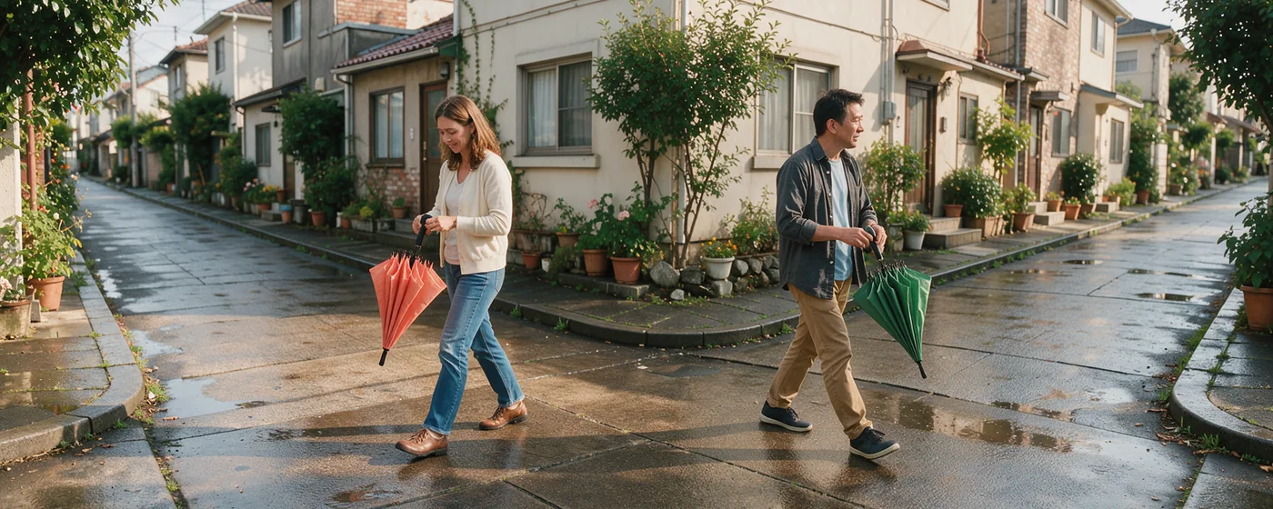 Two adults with closing colourful umbrellas taking different turns along a wet sunlit pedestrian street