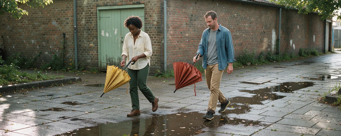 Two adults separately closing yellow and rust umbrellas beside rain-wet paving in a bright neighbourhood lane