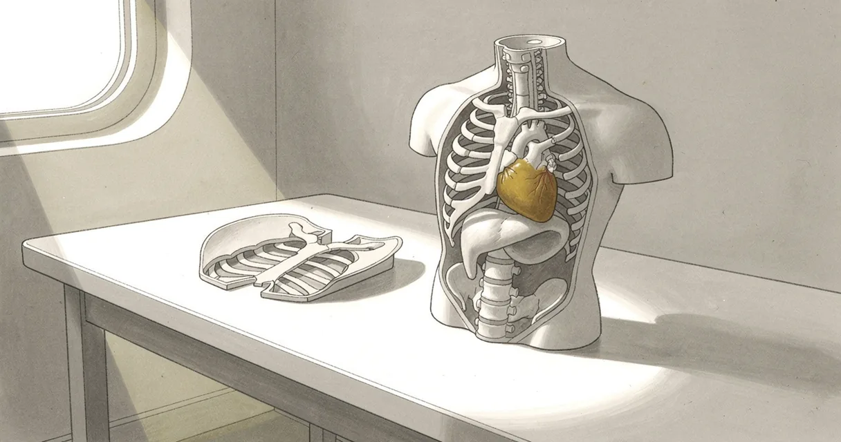 An opened chest teaching model beside its breastbone panel on a white table